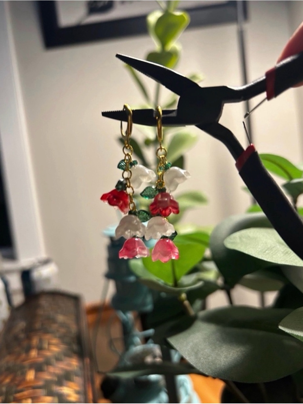Gold Floral Drop Earrings with White and Pink Flowers - Picture 3 of 3